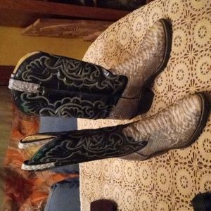 Texas American Made Leather Men's Cowboy Boots Snakeskin sz 8 Black Embroidered